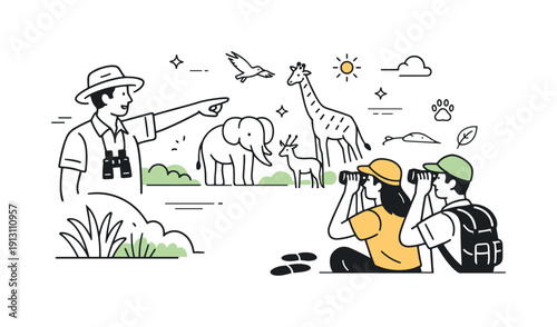 Nature and wildlife safaris. A guide pointing out animals while travelers watch quietly through binoculars. The scene suggests learning,