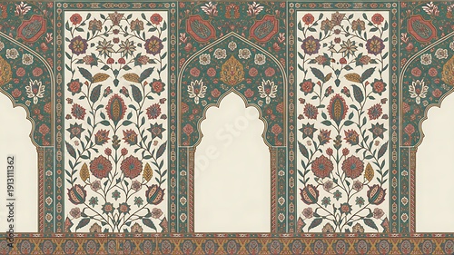 Mughal decorative arch. Islamic Floral geometric pattern frame for invitation