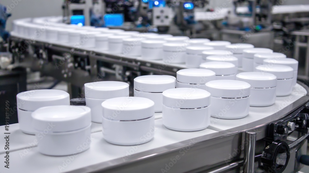 Obraz premium Cosmetic jars on automated conveyor belt in industrial production facility