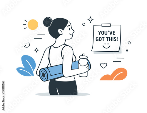 Encouraging fitness mindset. A character looking at a simple motivational note while holding workout gear, calm and optimistic. Abstract