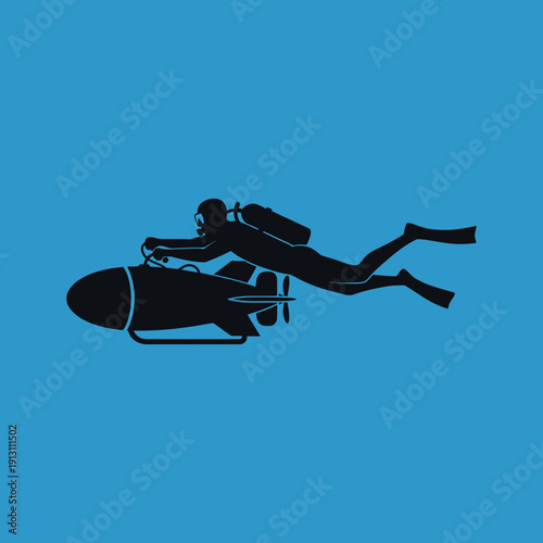 Scuba diver riding a submersible scooter underwater.