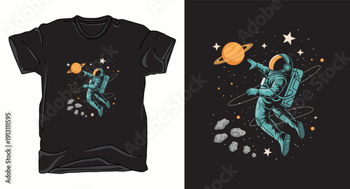 Astronaut floating in space with planet and asteroids illustration vector t-shirt design print template illustration