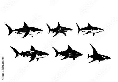 Set of Six Shark Silhouettes Vector Illustration.