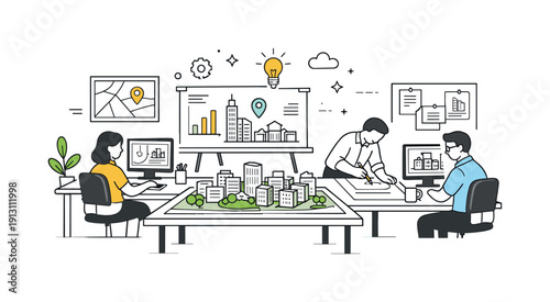 Urban planning offices. Modern office interior with desks, computers, and city models neatly arranged. Quiet working moment focused on