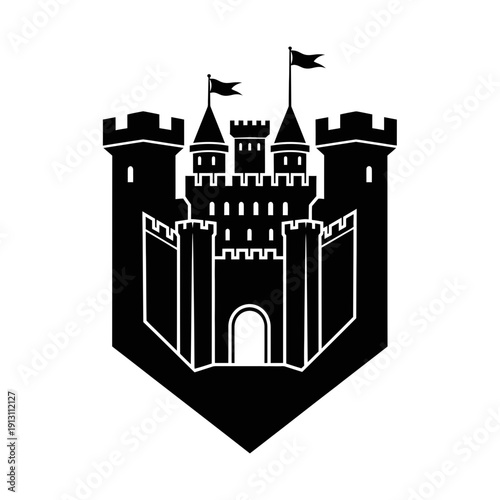 Black and white illustration of a medieval castle emblem.