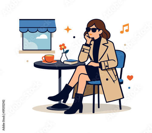 A person sitting at a cafe wearing a stylish trench coat and boots framed by minimal street elements like a small table, chair and window.