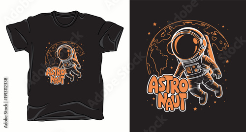 Cute astronaut floating in space with planet behind, cartoon t-shirt design vector t-shirt design print template illustration