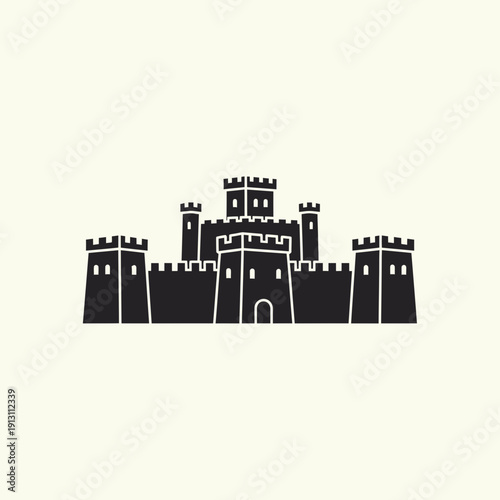 Black silhouette of a medieval castle with towers and battlements.