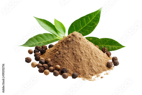 Pile of ground coffee beans with whole peppercorns and green leaves isolated on transparent background. Fresh organic delicious cubeb pepper powder set isolated on white background.