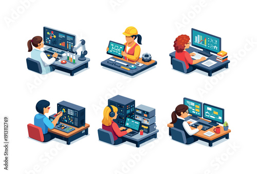 STEM women. Isometric flat vector icons set of STEM women: woman scientist with digital lab, woman engineer with schematic tablet, woman