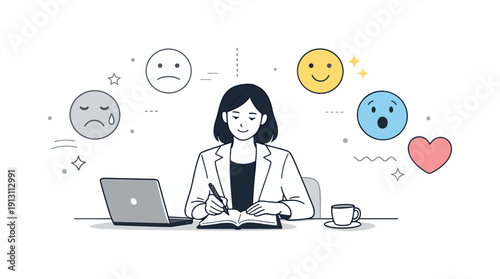 Beyond emotional neutrality. An editorial transition scene where muted emotion icons gradually regain soft color around a calm professional.