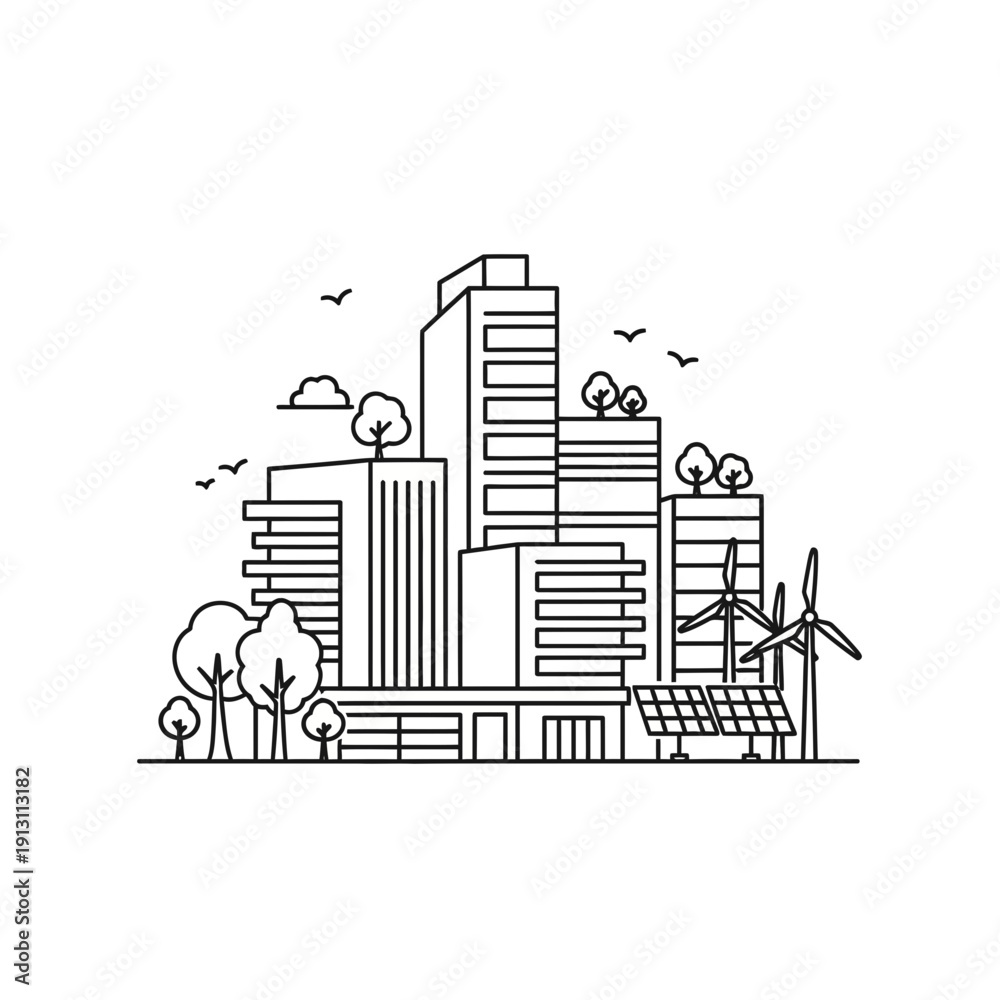 Obraz premium Ecofriendly city skyline with renewable energy sources.