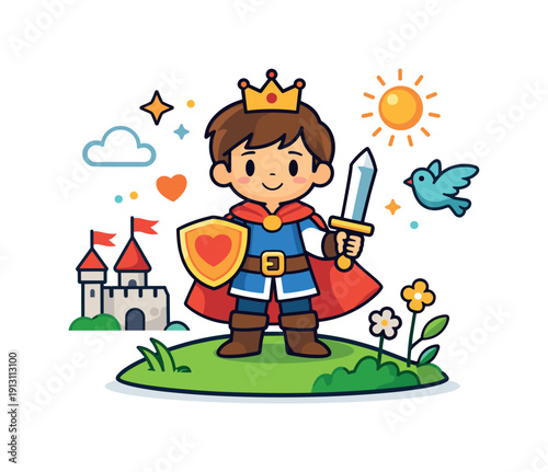 Prince gentle storybook scene with a royal character and soft decorative motifs, communicating kindness, bravery and hope. A friendly