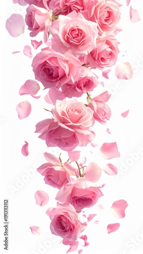 Cascade of Pale Pink Roses with Floating Petals on White Background