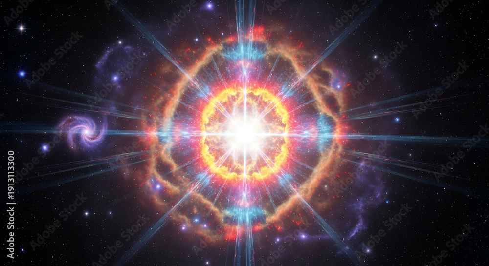 Fototapeta premium Vibrant cosmic explosion with radial symmetry and swirling galaxies in deep space viewed from a celestial perspective