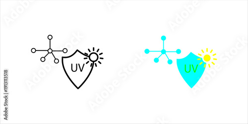 Minimal line icon showing UV shield protection with molecular structure and upward arrows, symbolizing UV resistance, material protection, and enhanced performance.
