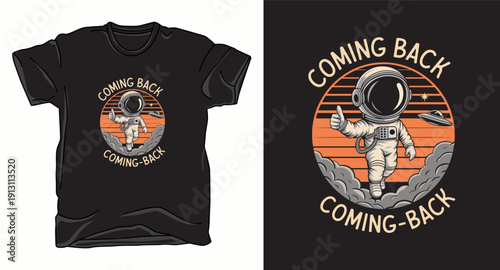 Vintage style astronaut floating in space with ufo and retro sun circle design vector t-shirt design print template illustration