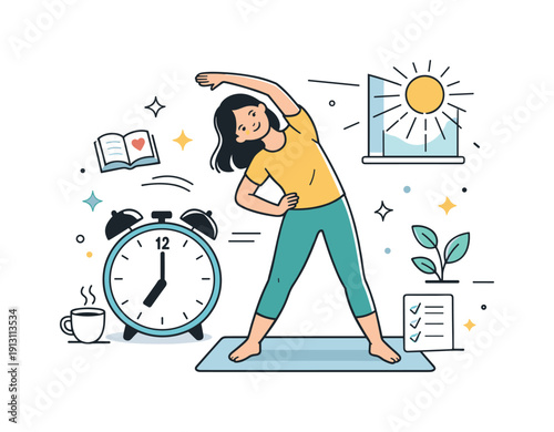 Morning Stretch Energy. Productive morning habits. Character stretching or exercising lightly next to a clock and sunlight, calm energy and motivation. Visual
