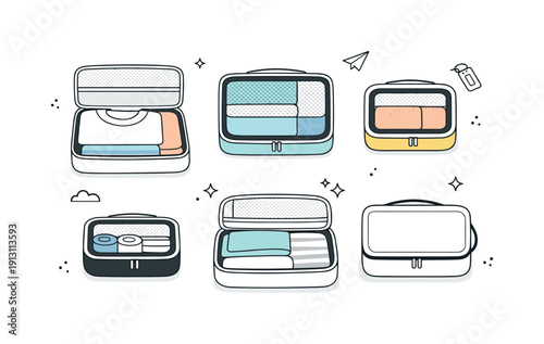 Organized Travel Packing. Packing cubes flat lay. Top view of opened and closed cubes with neatly folded clothes and visible mesh panels, spaced evenly.