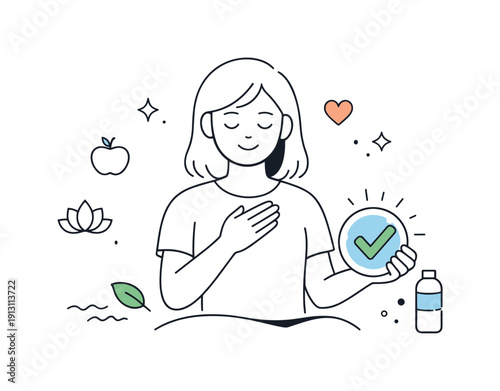 Celebrating personal wellness milestones. A person quietly acknowledging progress with a simple badge or checkmark icon. The illustration