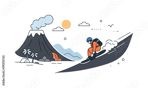 Unusual hobbies and extreme sports. Abstract landscape with small human figure engaging in a rare sport, emphasizing scale and environment.