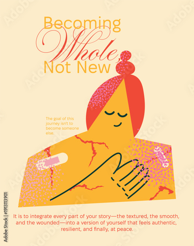 Mental Health Vector Illustration of a Woman Embracing Scars for Self-Love, Healing, and Personal Growth Concept. Abstract Character Design for Wellness, Psychology, Resilience, and Wholeness.