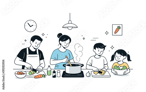 Family cooking time. A family cutting vegetables and stirring pots together, calm teamwork and joyful interaction filling a simple modern