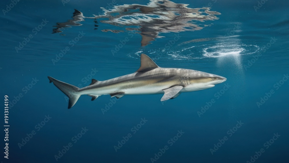 Obraz premium An underwater shot of a shark swims gracefully in clear, sunlit water with a surface reflection