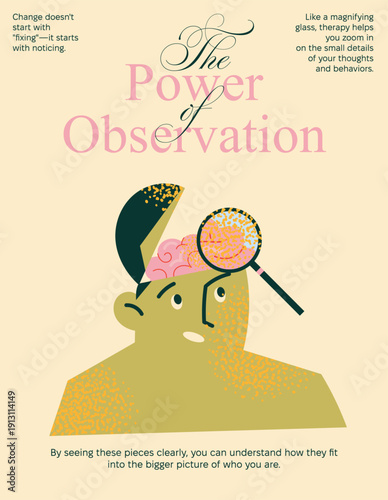 Psychology Therapy Concept Vector Illustration Featuring a Magnifying Glass over Brain for Mental Health Awareness, Self Observation, Mindful Analysis, Brain Health and Wellness Coaching Banner