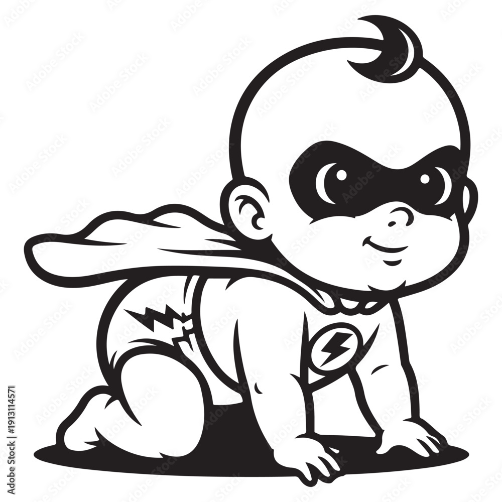 Fototapeta premium Cute Cartoon Baby Superhero Crawling with Mask and Cape