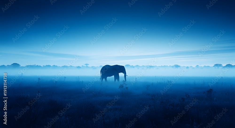 Obraz premium Majestic Elephant Silhouette Standing Alone in a Misty Blue Landscape at Dusk.