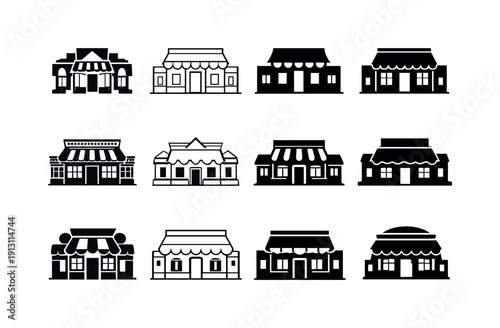 Vintage Street Icon Set. Old street scene. Icon set. Set Logo of Old street scene: historic shopfront. harmonious logo variations of the same emblematic