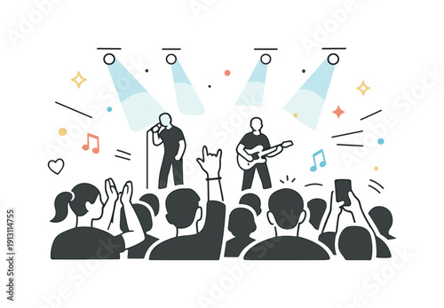 Concert audiences. Night concert scene with silhouettes of people and soft light beams above. The atmosphere feels emotional, immersive, and