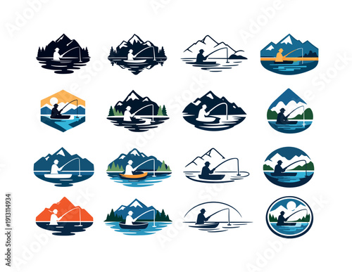Remote Lake Fishing Icons. Fishing in remote lakes. Icon set. Set Logo of fishing in remote lakes: mountain lake with fishing rod. harmonious logo variations