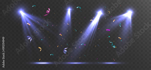 Light blue stage spotlights with colorful confetti isolated on transparent background, realistic beams with festive celebration effect.

