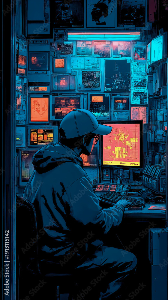 Obraz premium Lone programmer hunches over computer in room cluttered with glowing screens displaying complex data and abstract imagery, creating scene of intense focus and digital immersion