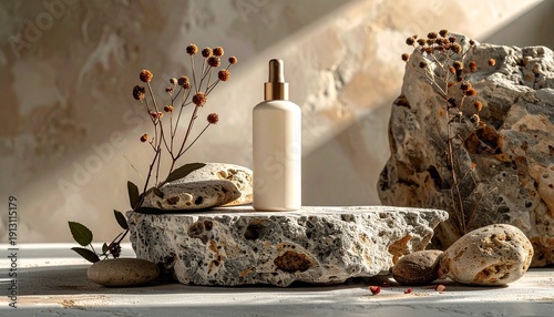 Natural Skincare Product Display with Rocks and Plants.