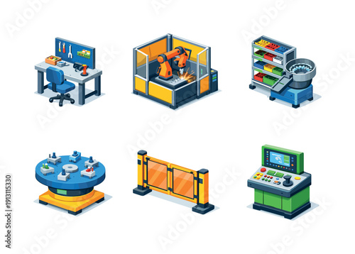   Industrial assembly stations. Isometric flat vector icons set of industrial assembly stations: manual assembly bench, robotic welding cell,