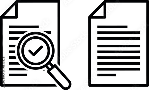 Document review and comparison using a magnifying glass and lined paper icons