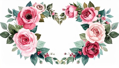 Floral Heart Shape with Pink Roses and Green Leaves Watercolor Illustration