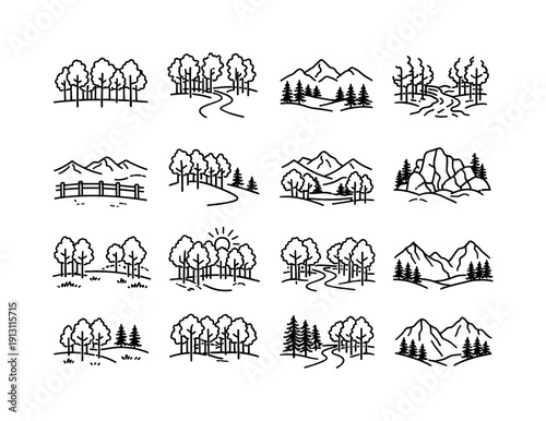 Aspen Landscape Icons. Aspen Landscapes. Line icon set of Aspen Landscapes: tree line, trail through grove, mountain and trees, creek with trees, scenic