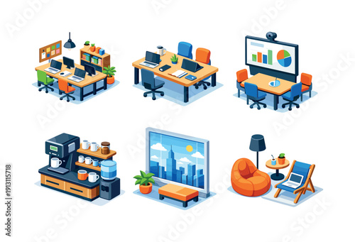    Digital nomad lifestyle. Isometric flat vector icons set of digital nomad lifestyle: coworking space interior, shared desk setup, meeting