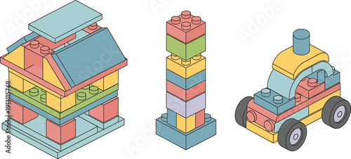 Isometric Pastel Toy Building Blocks Set with House Tower and Toy Car Kids Illustration