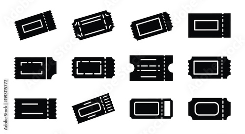 Collection of black and white ticket icons in varying styles