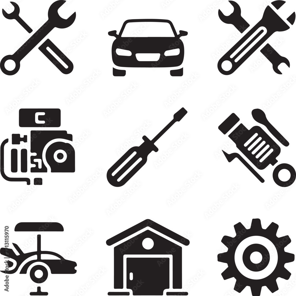 Fototapeta premium Black and white icons set of car repair tools and automotive elements flat design