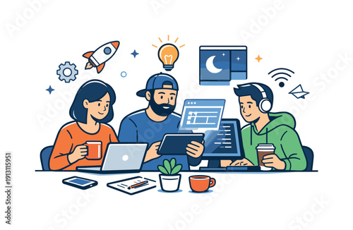 Startup team building a new tech product in a lab centered on a late-night work session with coffee cups, glowing screens and focused