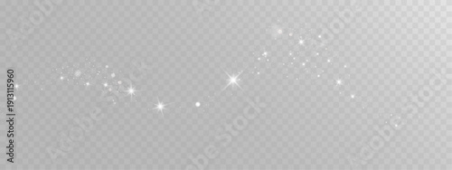 Light sparkling wave trail with glowing stars and glitter dust isolated on transparent background.
