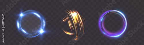 
Three glowing light effects isolated on transparent background: blue neon circular ring, fiery orange energy swirl, and purple luminous halo frame.
