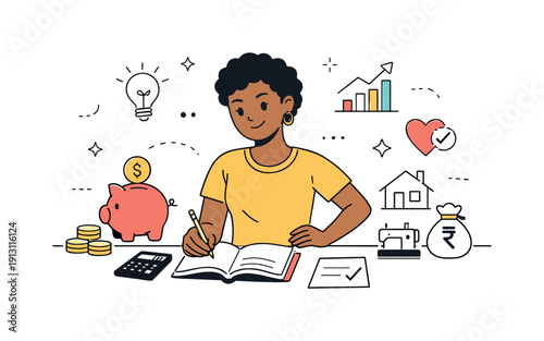 Microfinance and empowerment. A person planning finances with notes and icons, showing confidence and independence. Supportive, optimistic