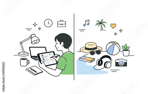 Balanced Work-Life Harmony. Healthy work routine. A person organizing tasks on a tablet while a clear boundary separates work tools from leisure objects,